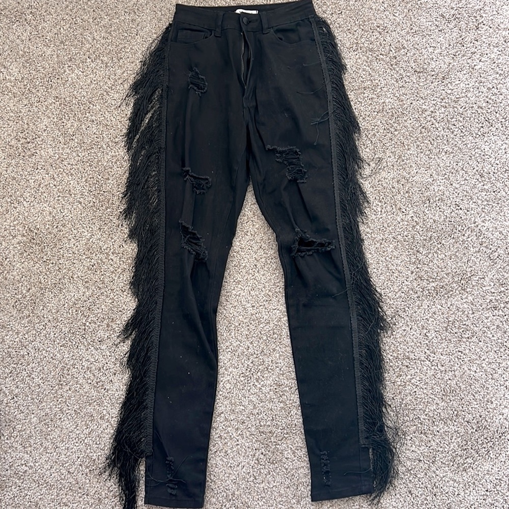Swankaposh Skinny Leg Fringe Ripped Black Denim